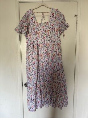 Floral Midi Dress in White with Multicolor Blooms